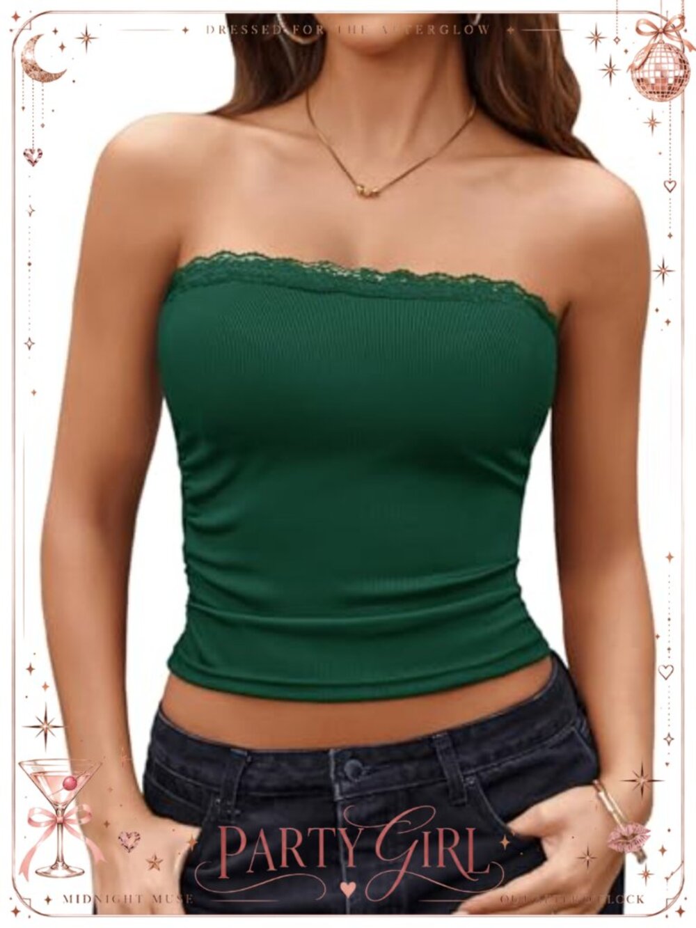Women's Strapless Bandeau Tube Top Double Lined Lace Trim Crop Going Out